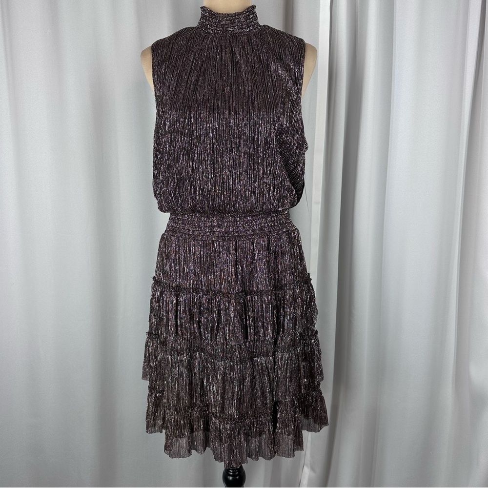 Sam And Jess Dress Sz L Sleeveless Smocked Waist Ruffle High Neck Party Cocktail